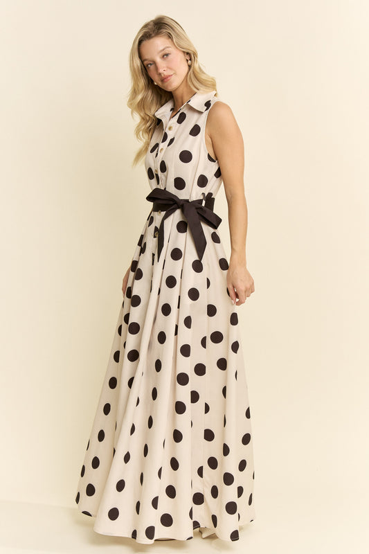 "Trifecta" Polka Dot Button Down Belted Shirt Dress