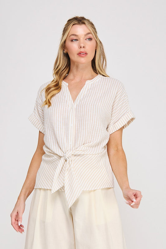 "Prisilla" striped button up waist tie top
