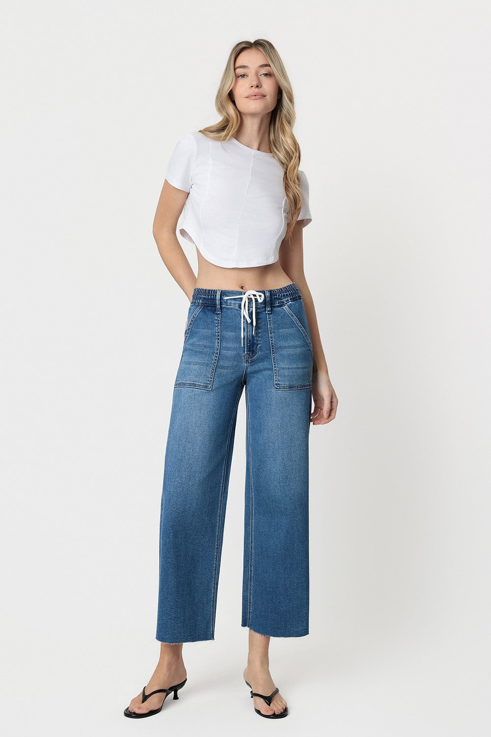 Flying Monkey High Rise Super Soft Fabric Medium Wash Drawstring Baggy Wide Jeans