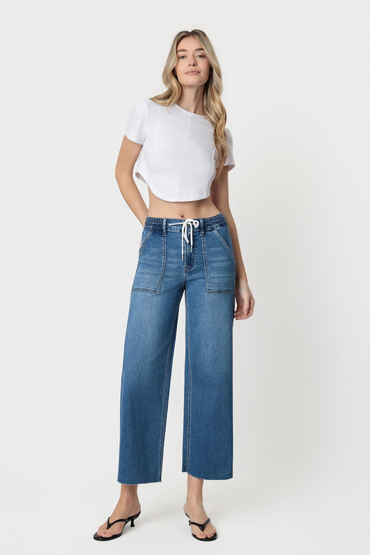 Flying Monkey High Rise Super Soft Fabric Medium Wash Drawstring Baggy Wide Jeans