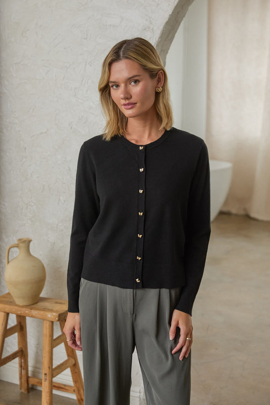 "Lolly" Gold Button Black Sweater (lightweight)