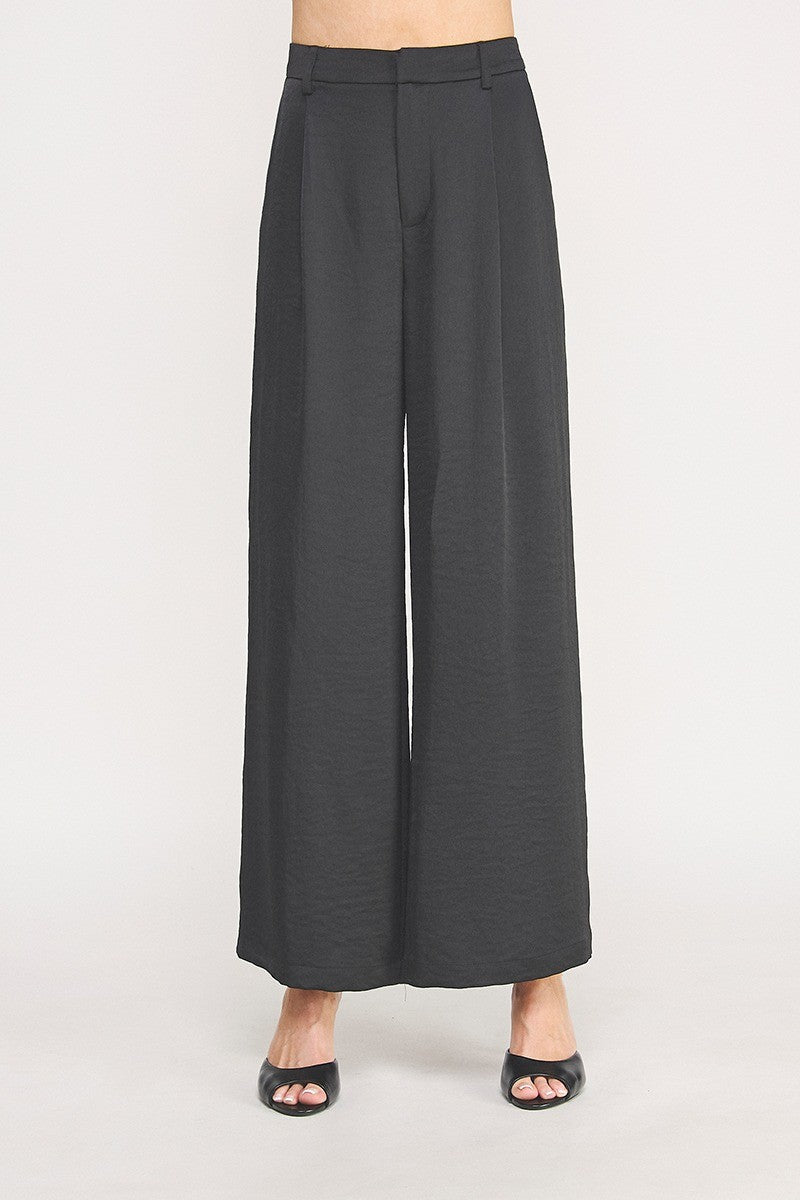 "Luna" Black Satin Single Pleat Pants