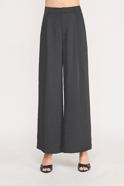 "Luna" Black Satin Single Pleat Pants