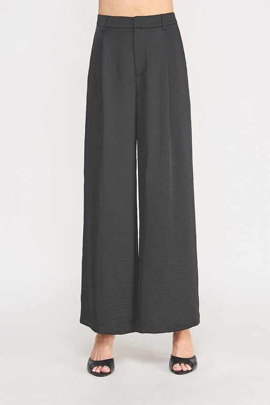 "Luna" Black Satin Single Pleat Pants