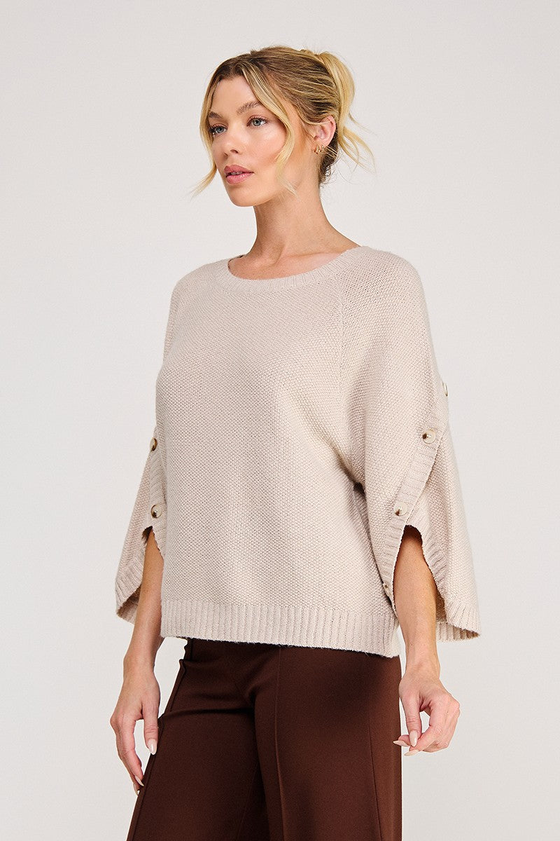 "Candid" Relaxed Sweater w/ Button Sleeve Detail