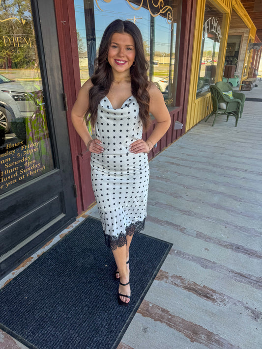 "Lexi" Polka Dot Lace Detail Satin Midi Dress