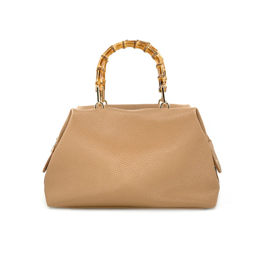 "Let's Vacay" Bamboo Handle Leather Handbag (Khaki)