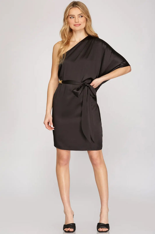 "Staci" ONE SHOULDER DOLMAN SLEEVE SATIN DRESS WITH CHAIN BELT
