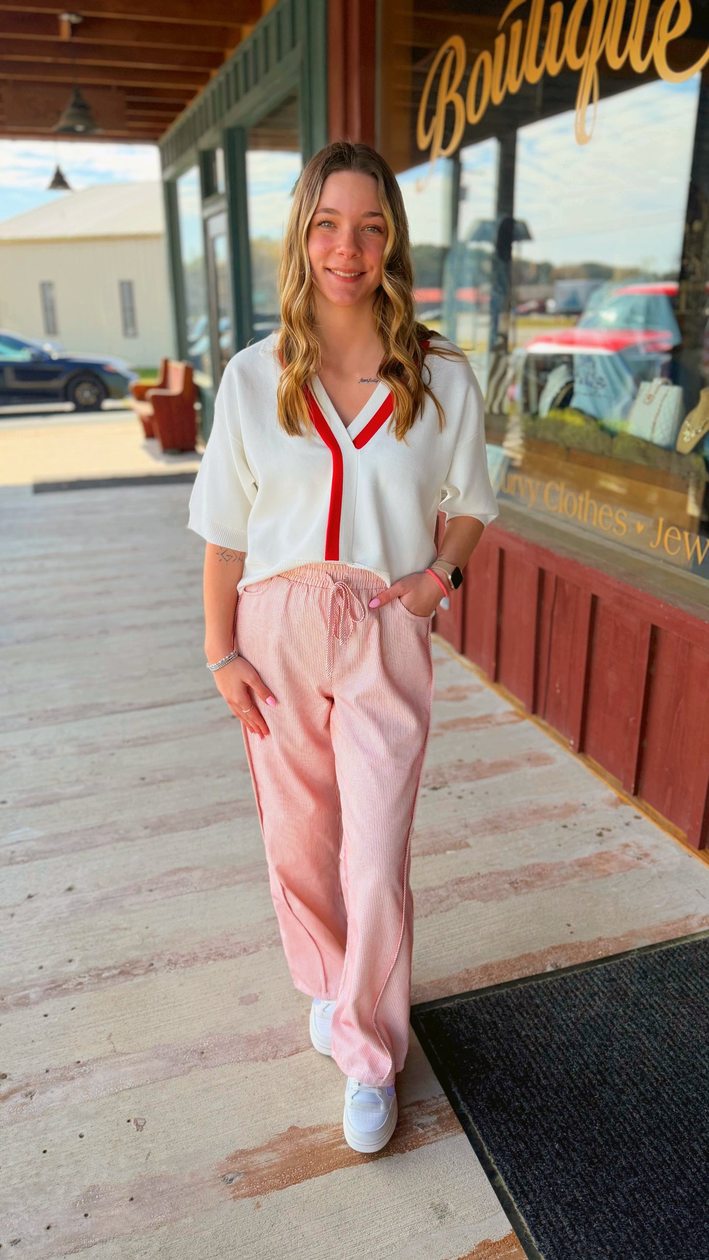 "Casey" Red Pin Stripe Pants