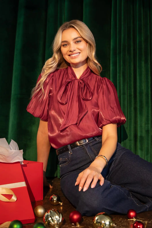 "Shelby" Satin Neck Tie Puff Sleeve Top (Multiple Colors)