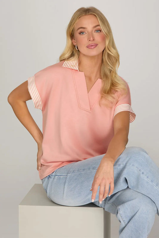 "Deb" Striped Detail Pink Collared Top