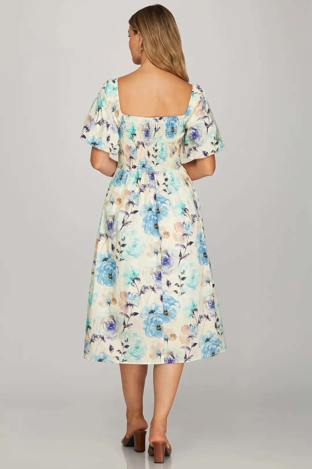 "Anna Leigh" Blue Floral Puff Sleeve Dress