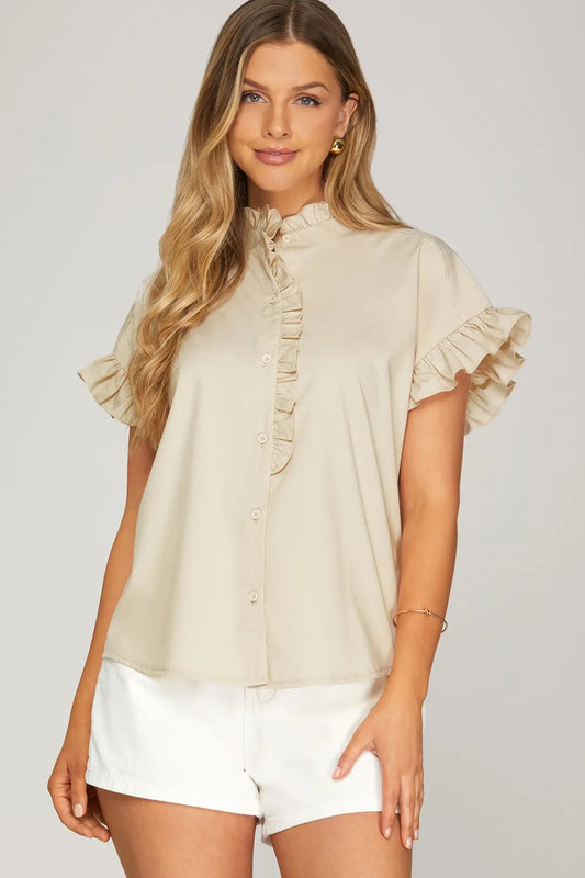"Sandy" Drop Shoulder Ruffle Neck Top (Taupe)