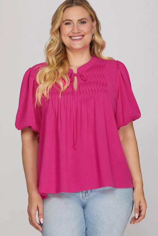 "Hailey" Curvy Pintuck Puff Sleeve Top