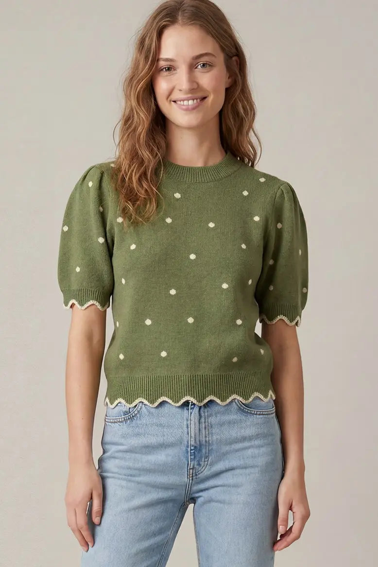 "Olive" Polka Dot Scallop Sweater Top