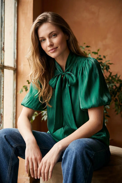 "Shelby" Satin Neck Tie Puff Sleeve Top (Multiple Colors)
