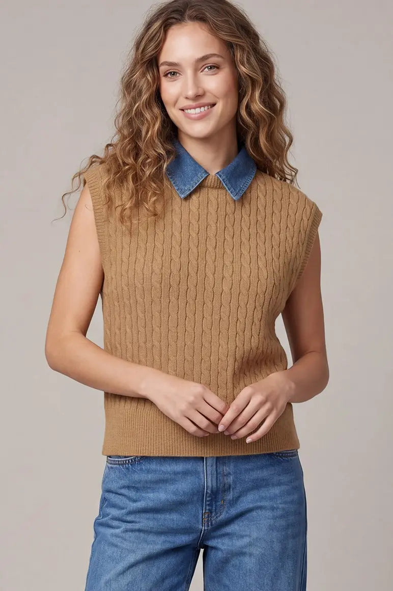 "Amber" Cable Knit Denim Collar Top