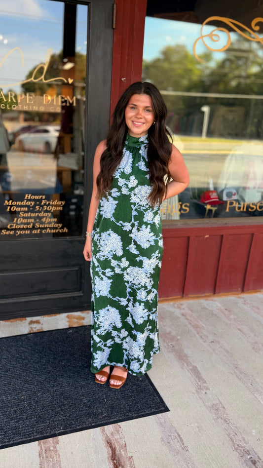 "Reagen" Floral Mock Neck Halter Maxi Dress