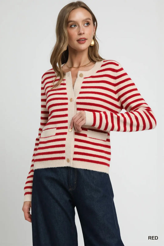 "Sleigh" Red Striped Fuzzy Cardigan