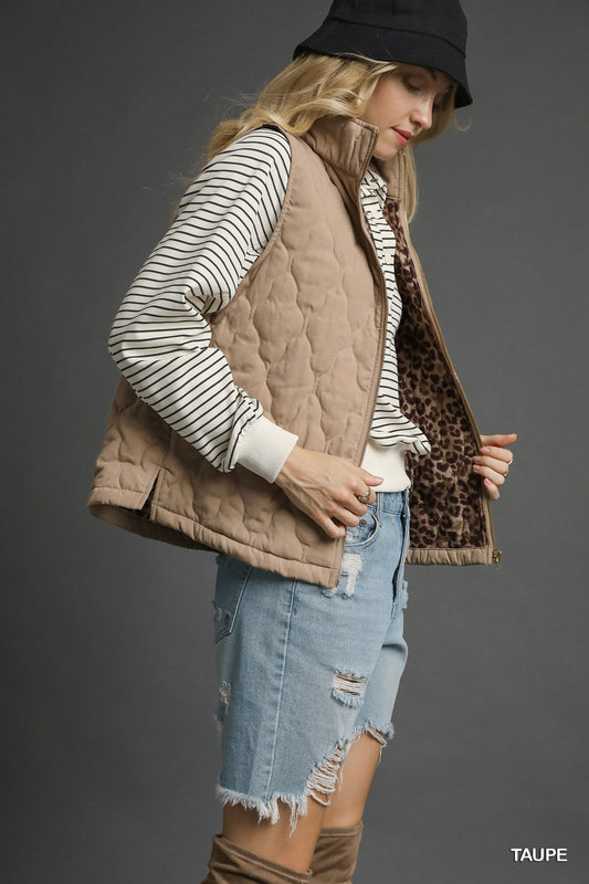 "Lena" Taupe Leopard Lined Quilted Vest