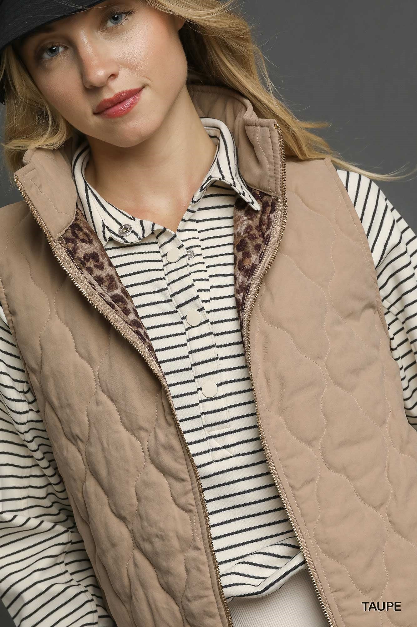 "Lena" Taupe Leopard Lined Quilted Vest