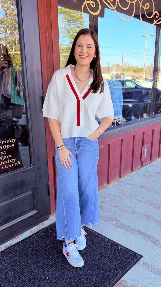 "Maren" Collared V-Neck Knit Top