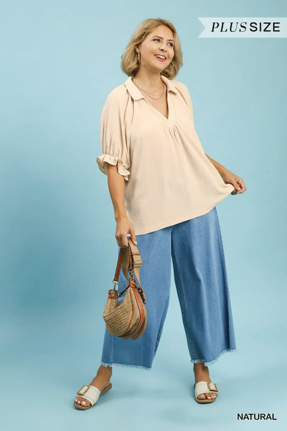 "Hannah" Curvy Collared V-Neck Blouse