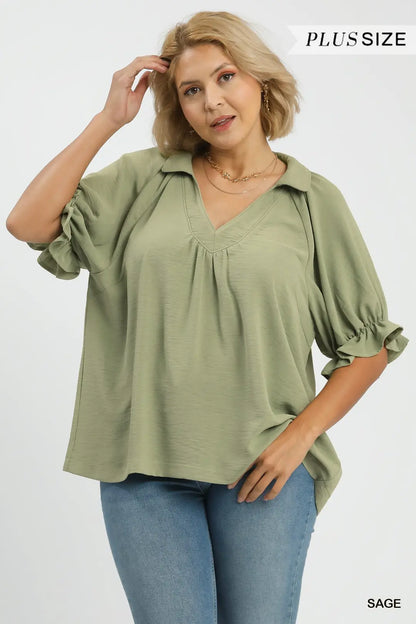 "Hannah" Curvy Collared V-Neck Blouse