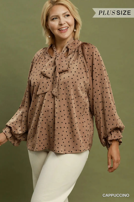 "Karson" Neck Tie Polka Dot Curvy Satin Top