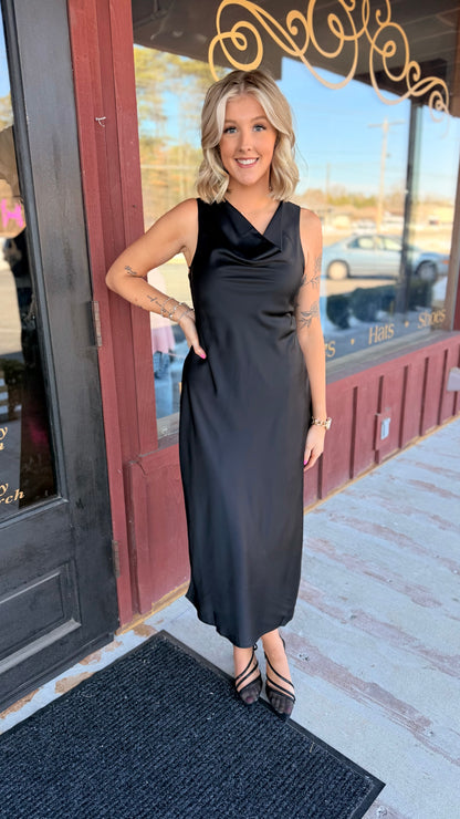"Kimberly" Satin Cowl Neck Midi Dress (Multiple Colors)