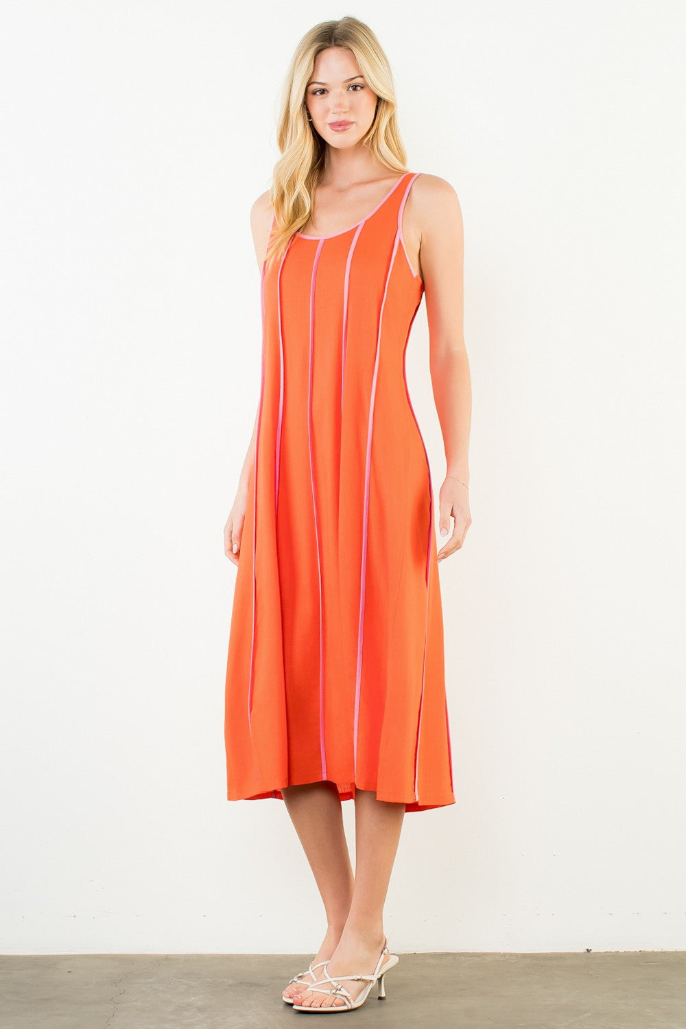 "Mindy" Orange w/Pink Stripe Linen Dress