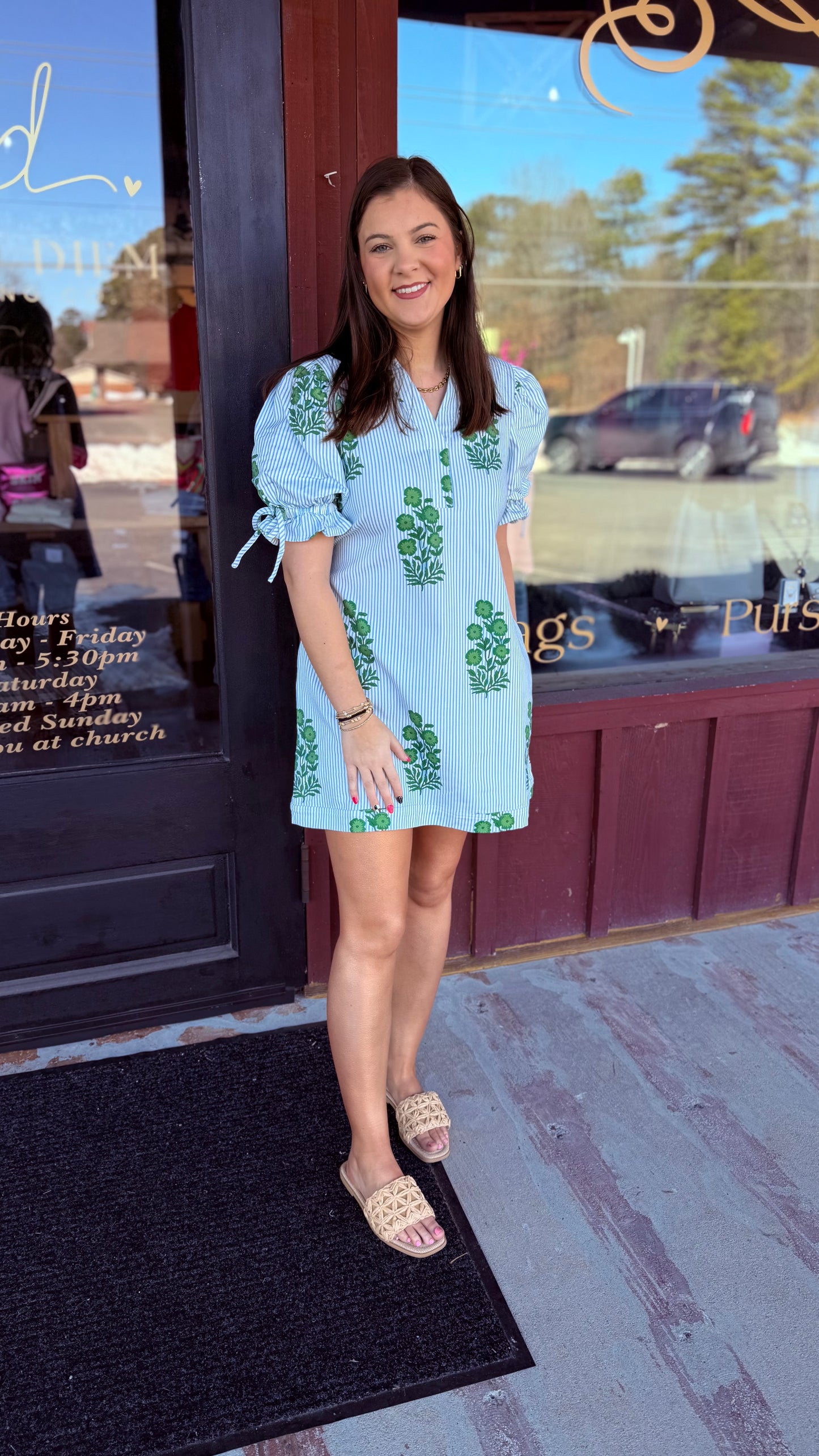 "Gabby" Green Striped Floral Collared Mini Dress