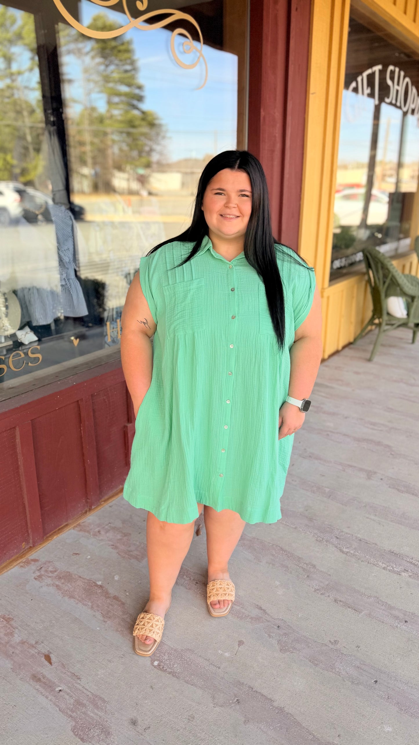 "MINT" Curvy Cotton Gauze Button-front Tunic Dress