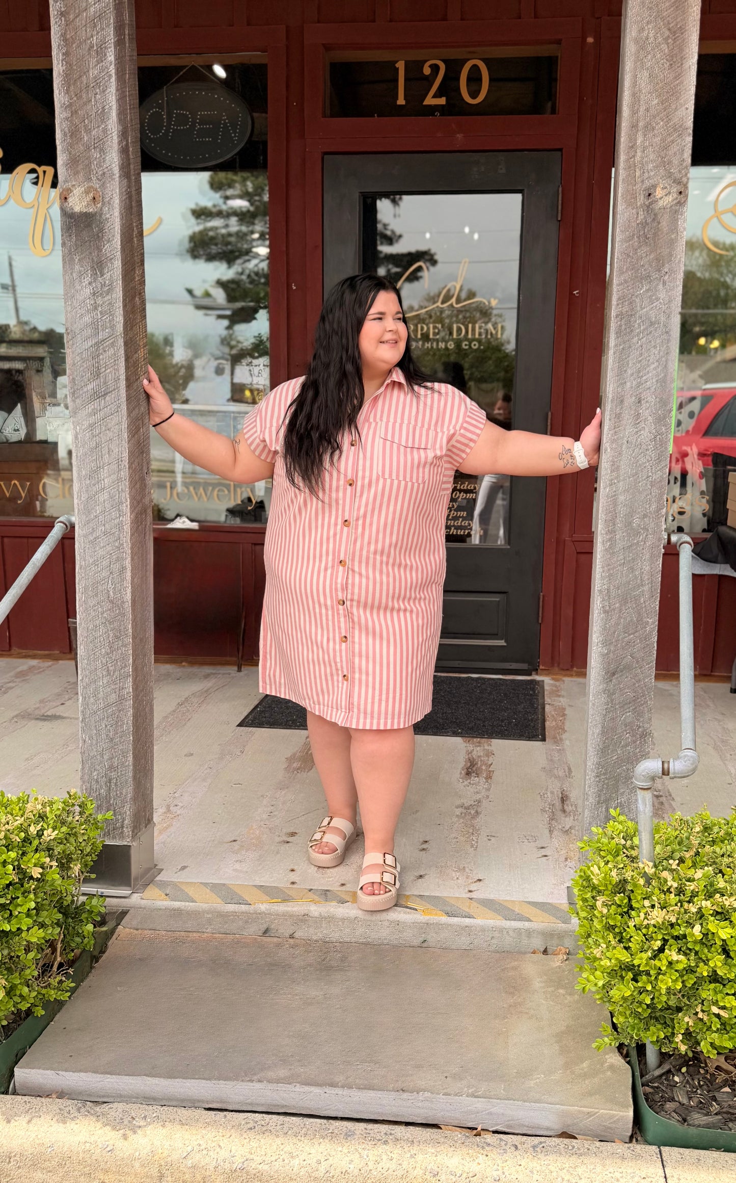 "MADI" Curvy Drop Sleeve Woven Stripe Collared Button Down Mini Dress With Pockets