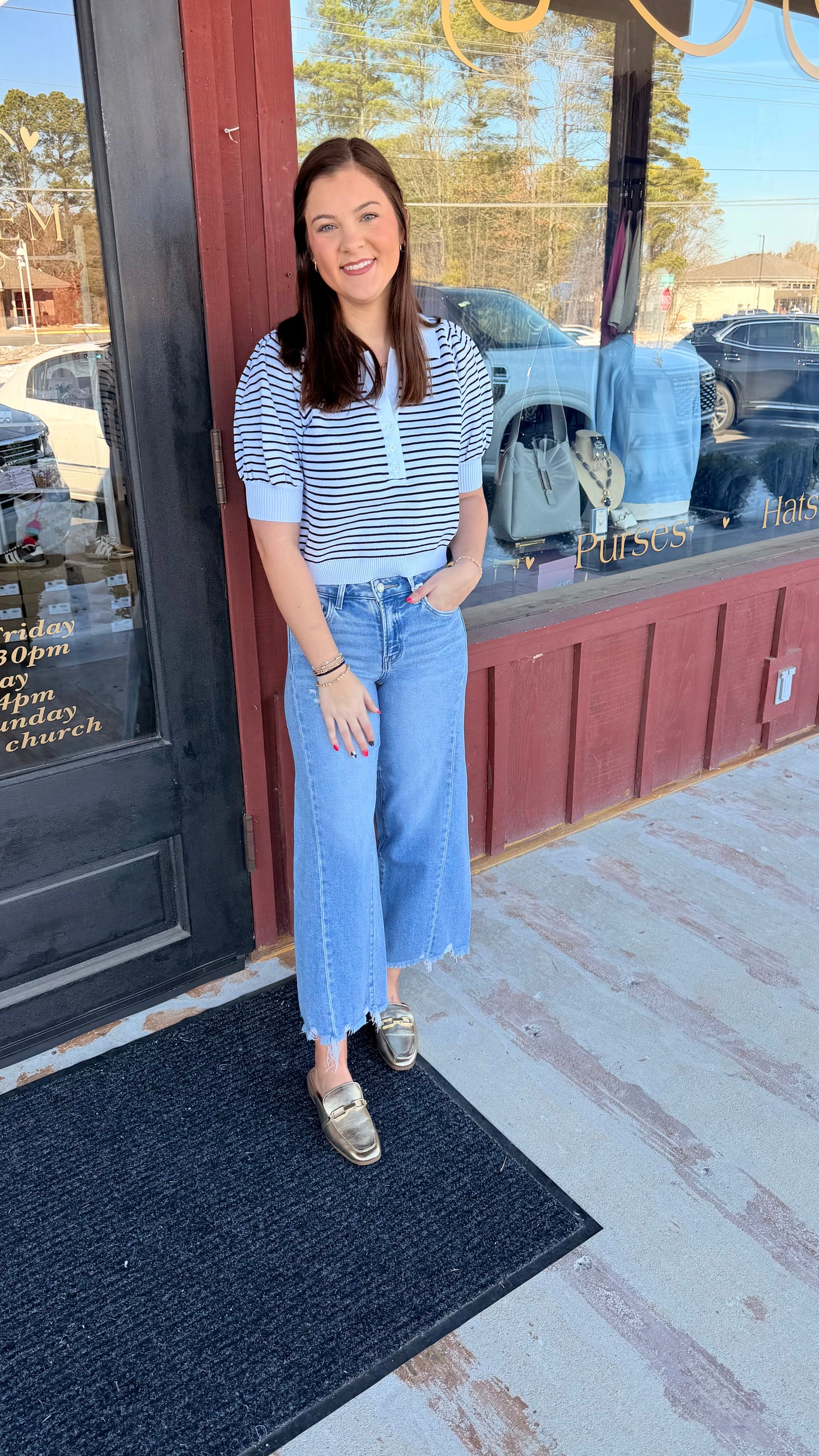 "Nicky" Striped Half Button Short Sleeve Top