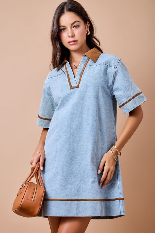 "Lexie" Corduroy Detail Denim Mini Dress