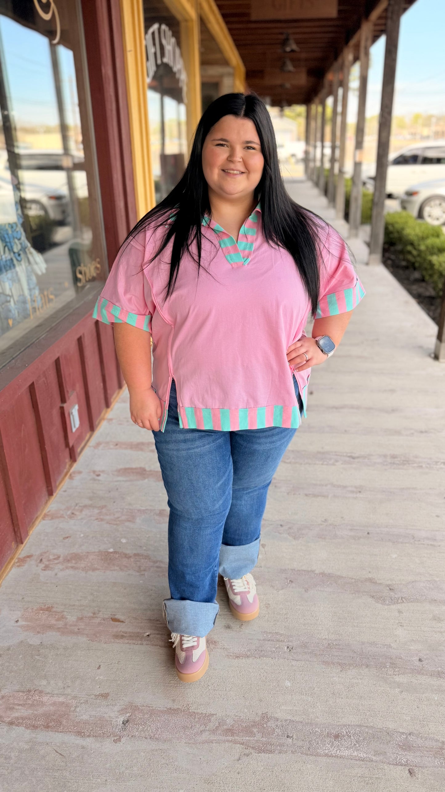 "Keely" Striped Contrast Hem Curvy