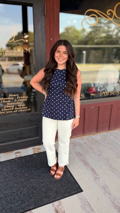 "Junie" Polka Dot Peplum Denim Top