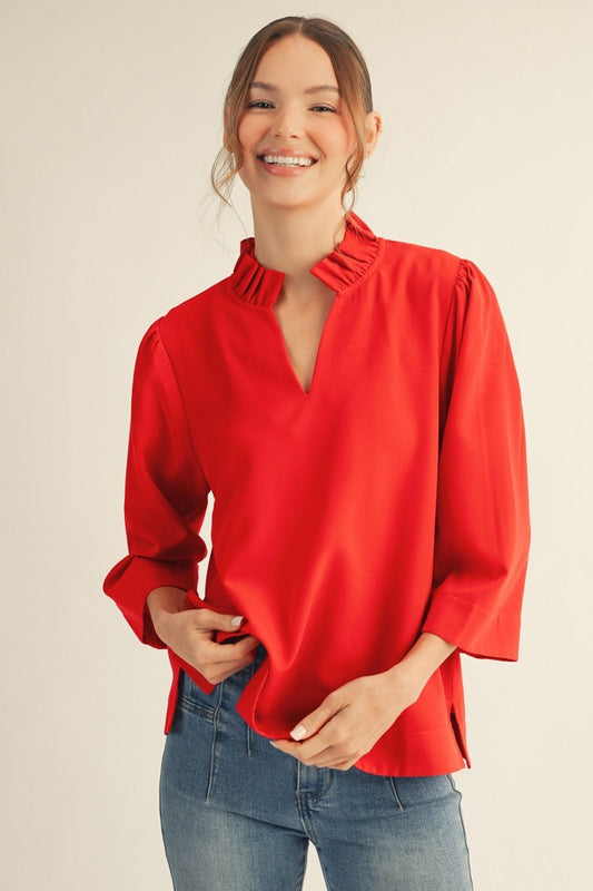 "Rosie" Curvy Ruffled Neck Crinkle Solid Top
