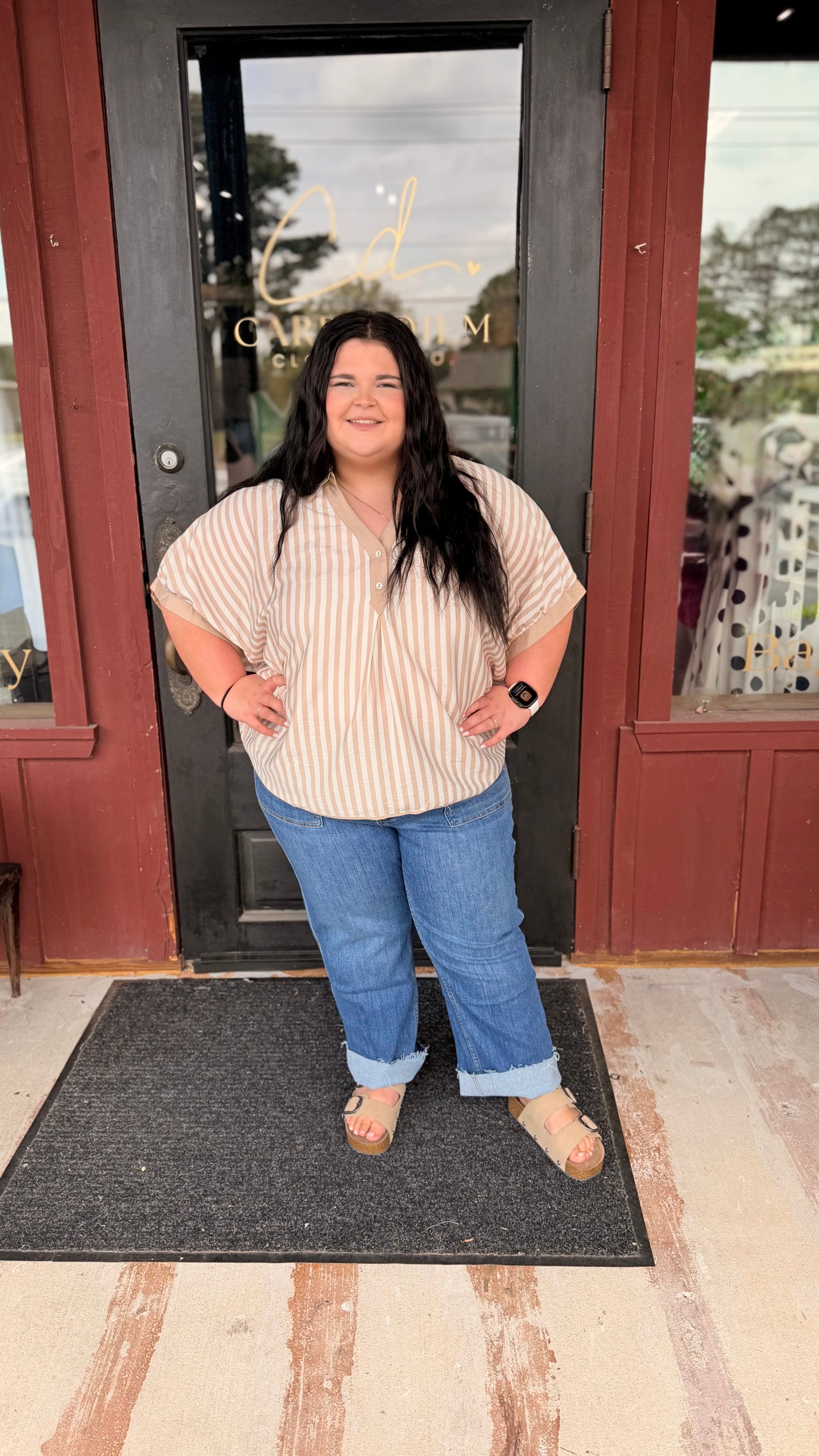 "Breezy" Striped Curvy Collared Top