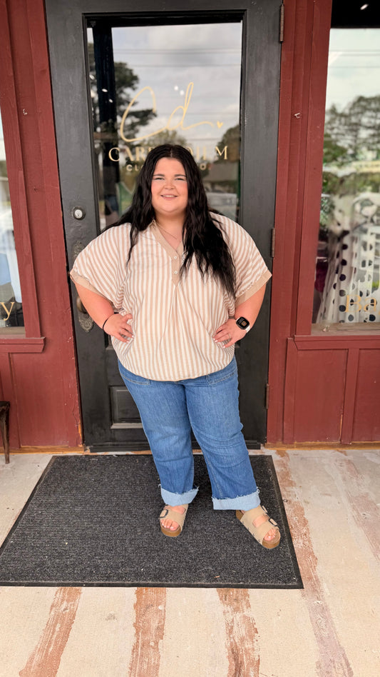 "Breezy" Striped Curvy Collared Top