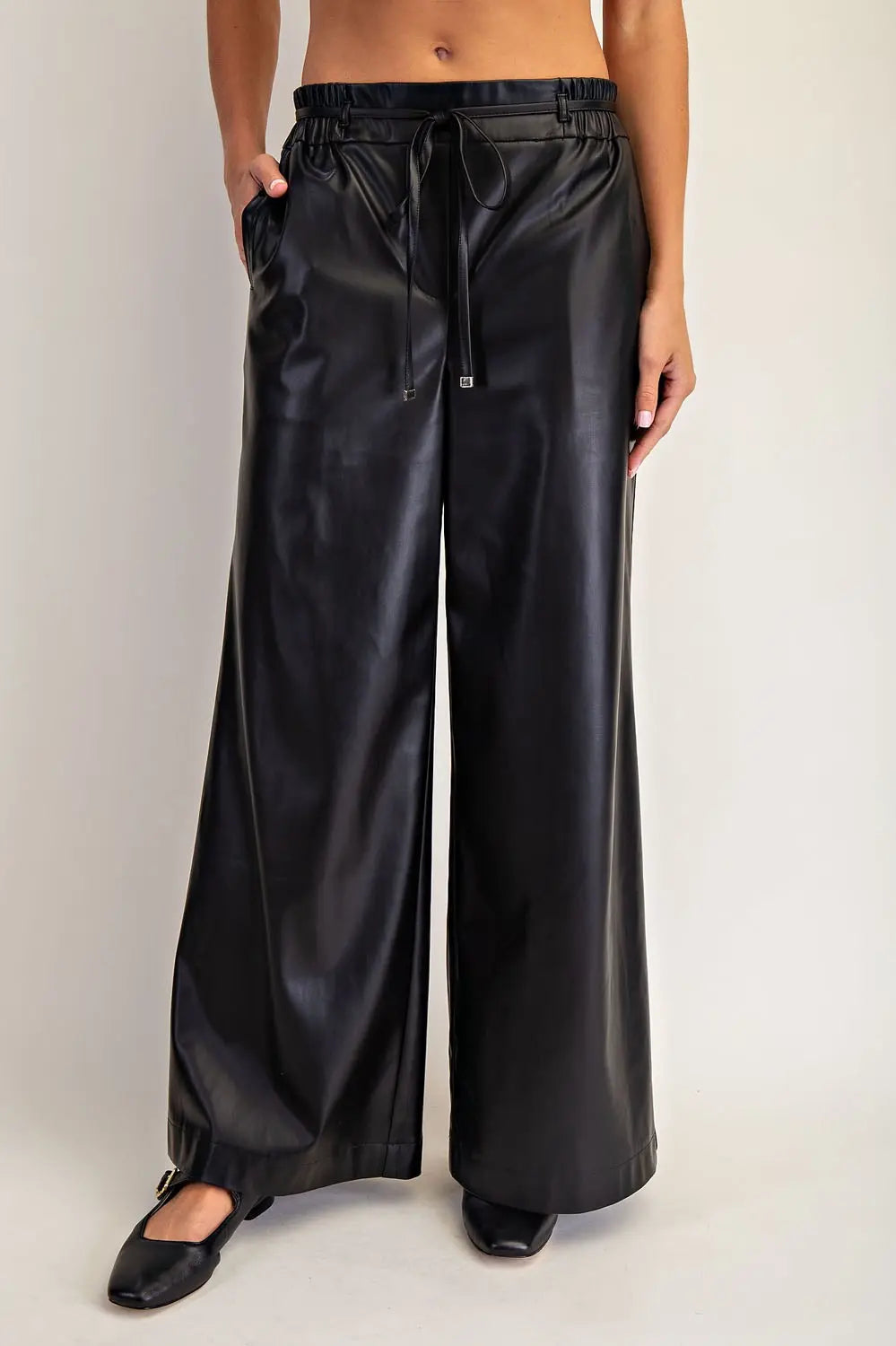 "Cecil" Faux Leather Wide Leg Draw String Pants