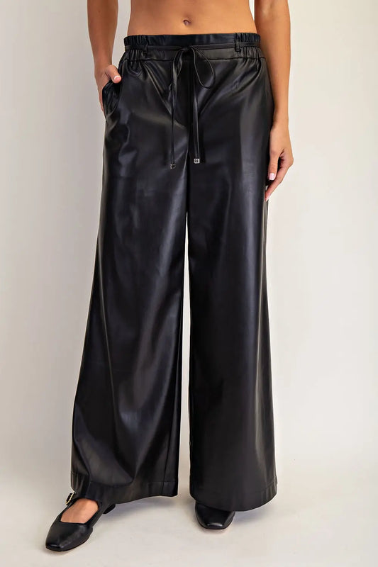"Cecil" Faux Leather Wide Leg Draw String Pants