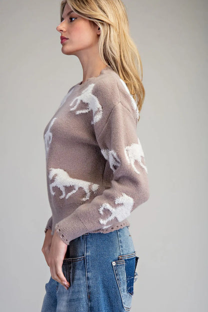 "COCO" Horse Textured Long Sleeve Distressed Sweater