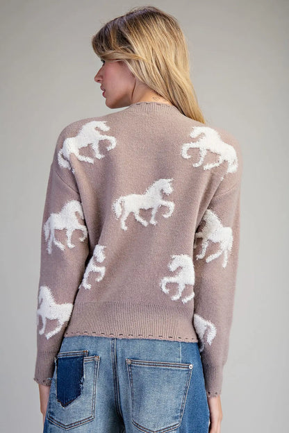 "COCO" Horse Textured Long Sleeve Distressed Sweater