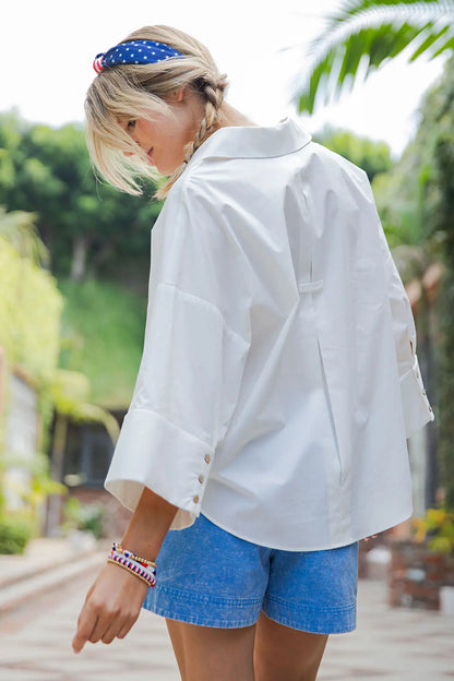 "Gayla" White 3/4 Sleeve Button Top