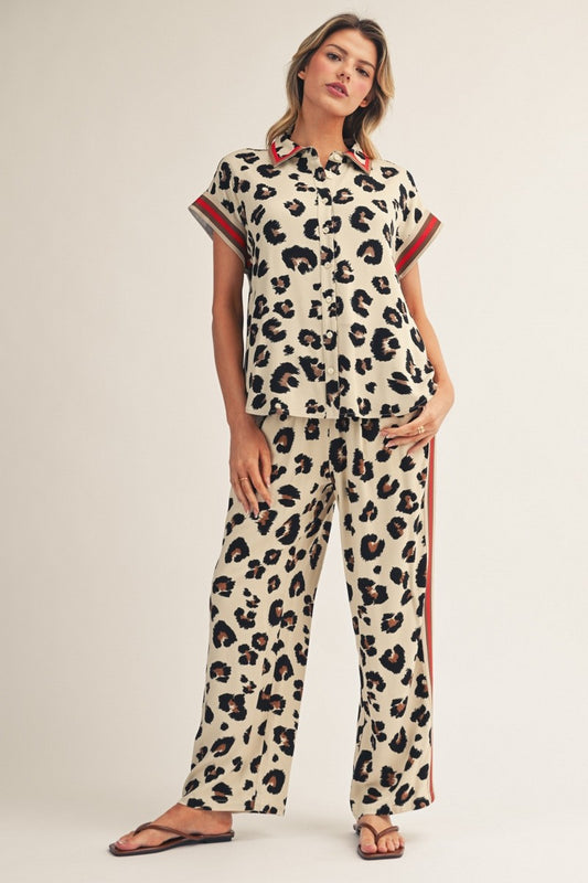 Color Band Accent Button Down Leopard Set