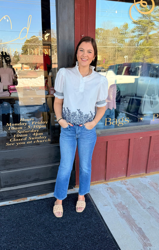 "Scenic" Embroidered Navy/White Top