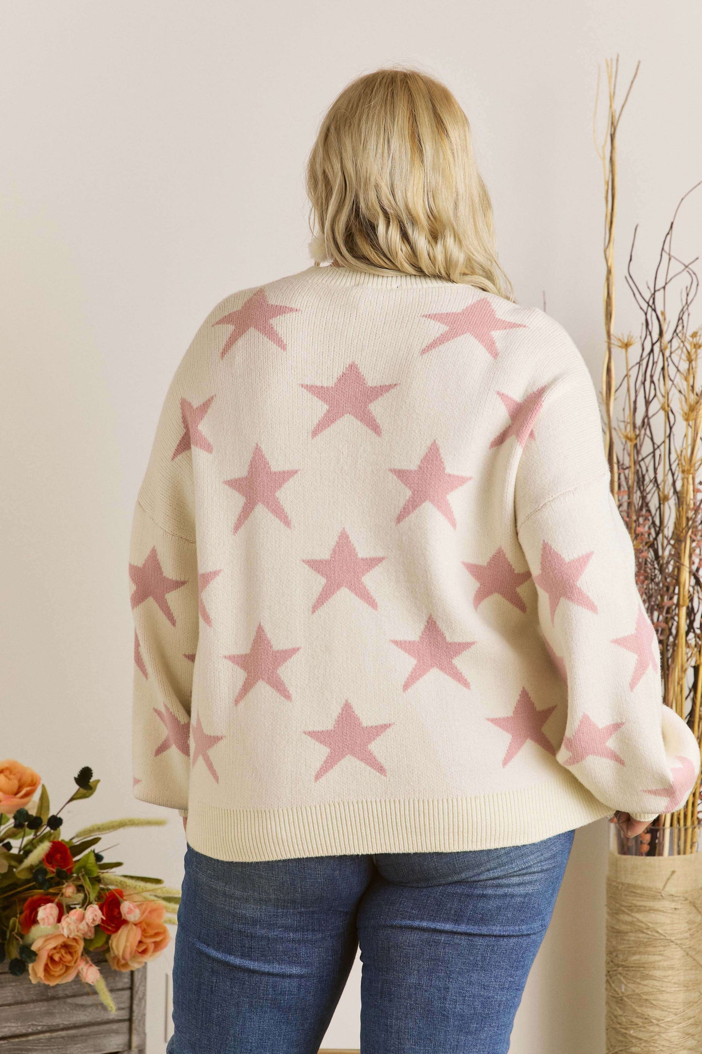 "Seeing Stars" Pink and Cream Soft V-Neck Sweater