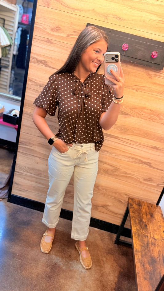 "Lauray" Chocolate Polka Dot Top